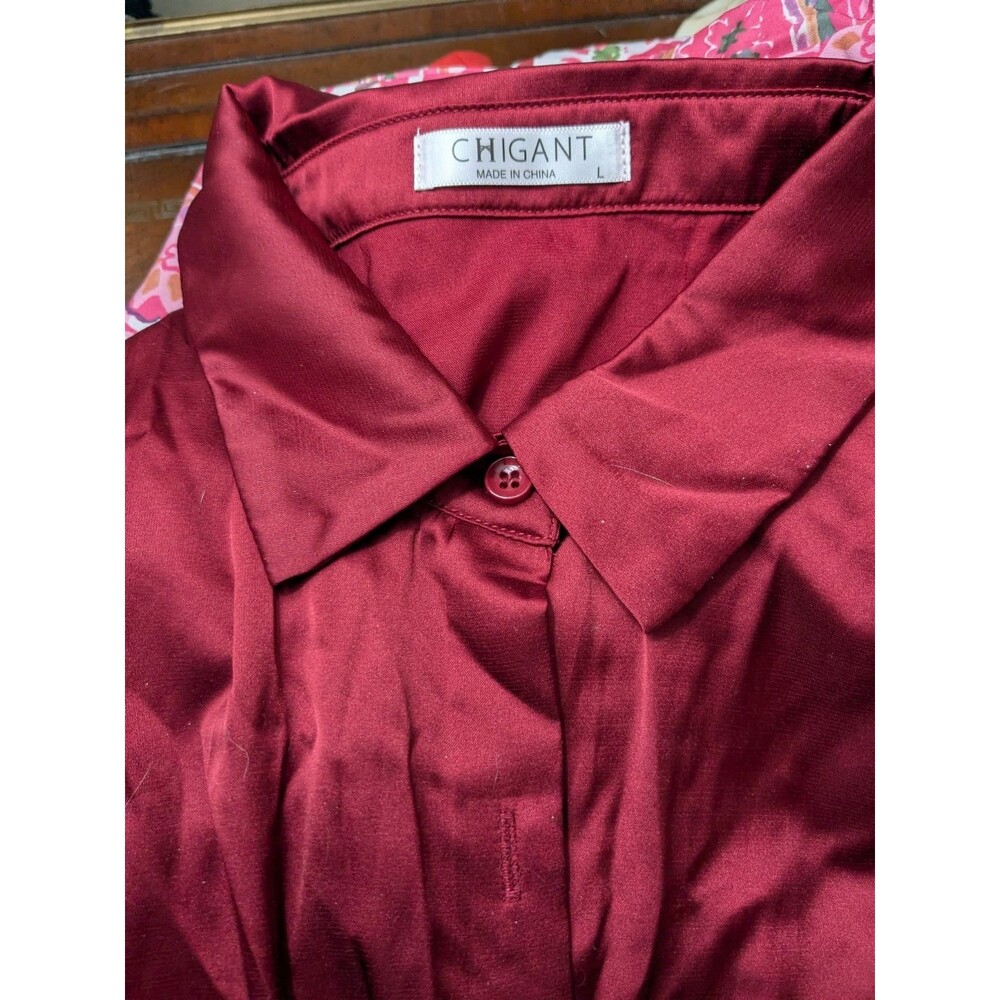 Chigant Burgundy Satin Silky Long Sleeve Collared Blouse L - Picture 5 of 5
